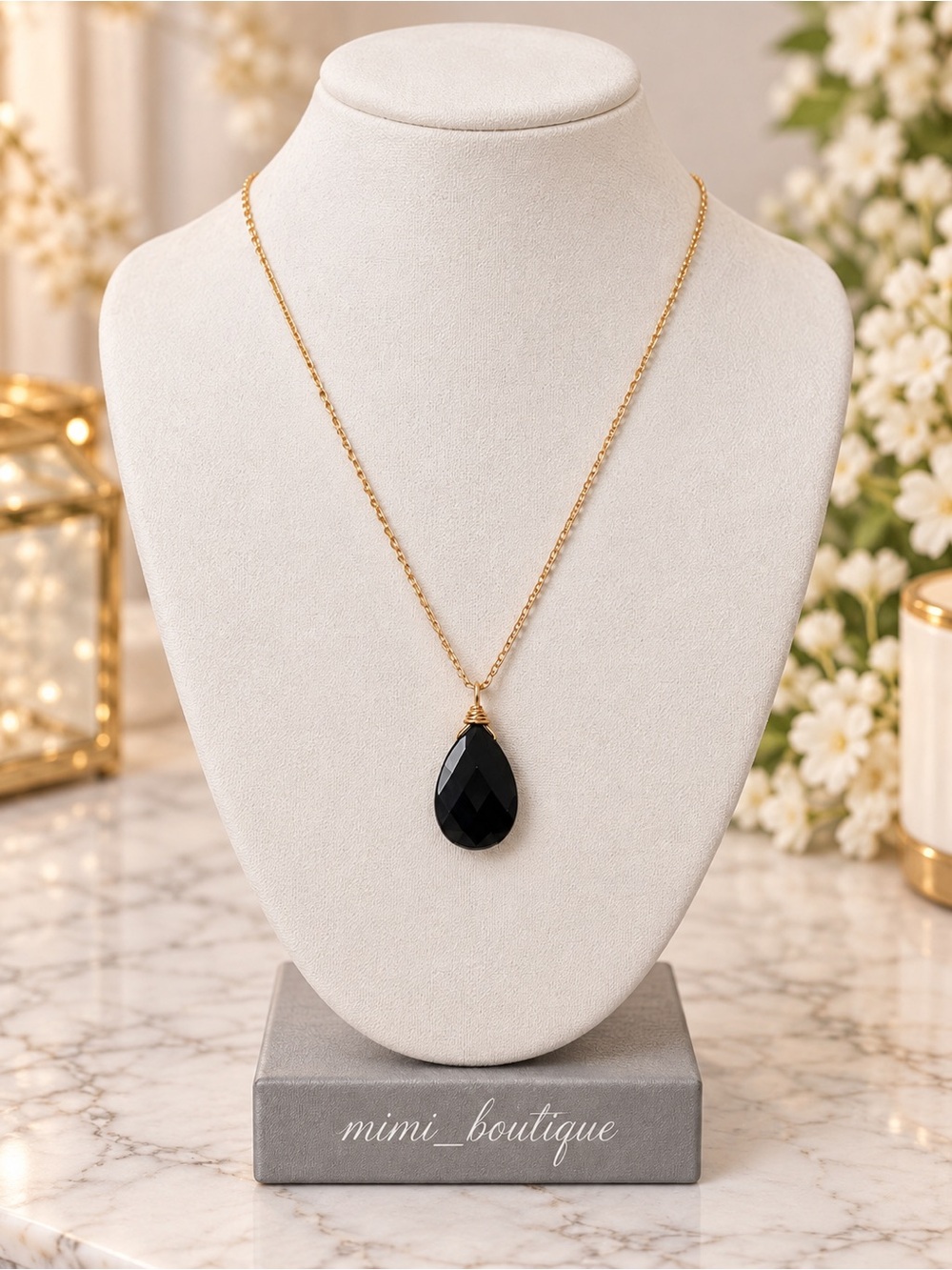 Black Onyx Faceted Teardrop Pendant Necklace Gold Tone
